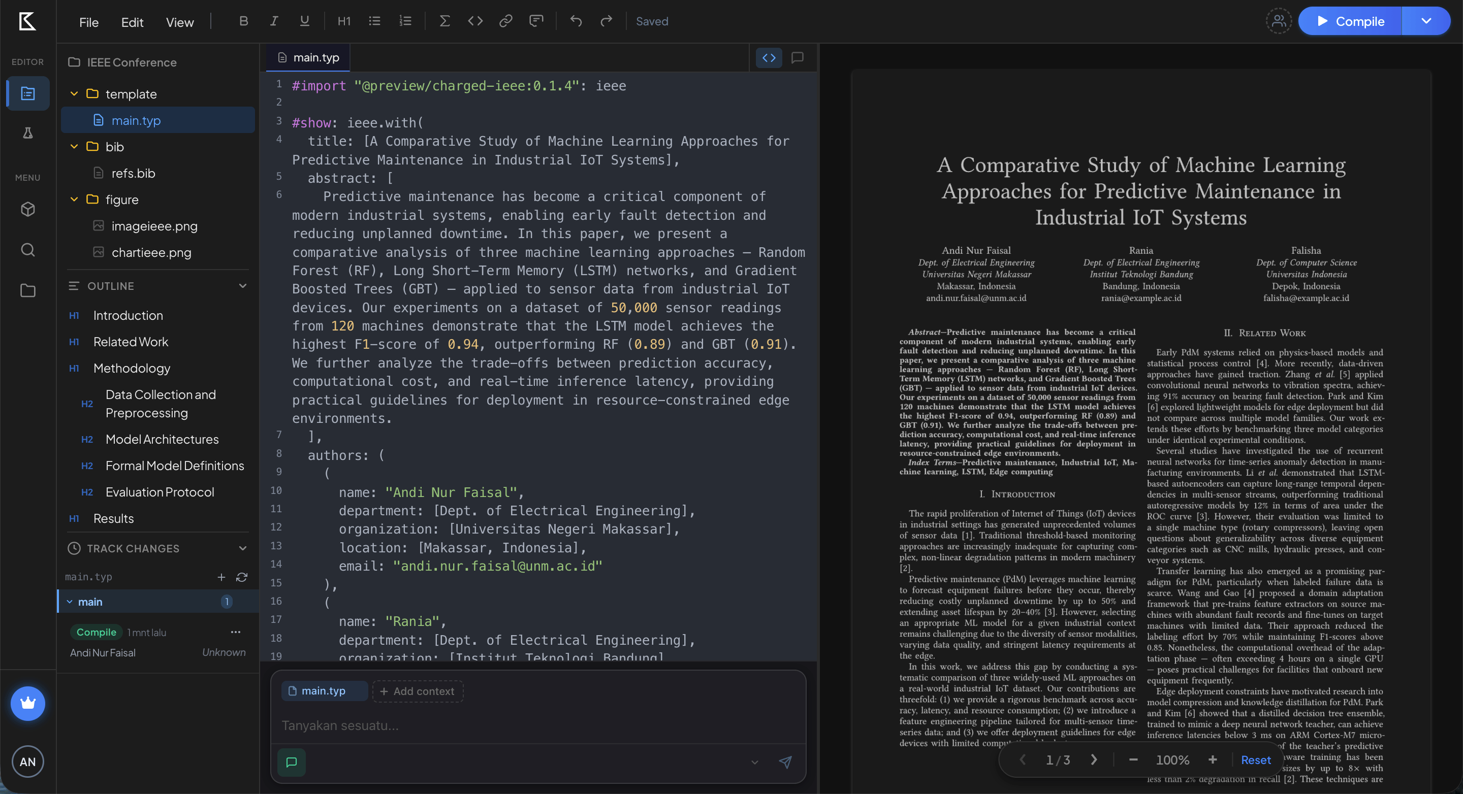 Typst Editor di Koniami — antarmuka penulisan paper ilmiah dengan preview real-time