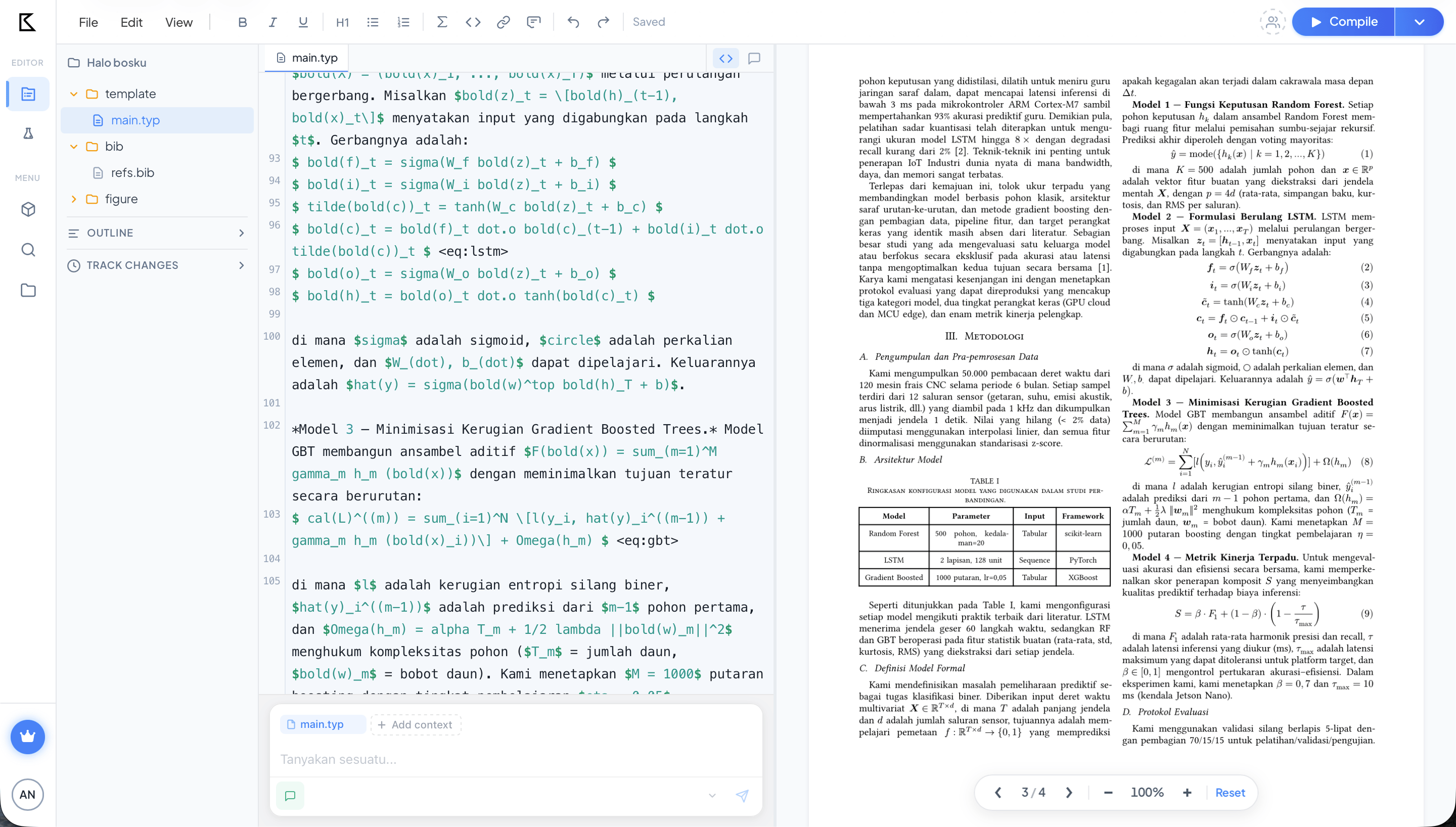 Typst Editor di Koniami — antarmuka penulisan paper ilmiah dengan preview real-time